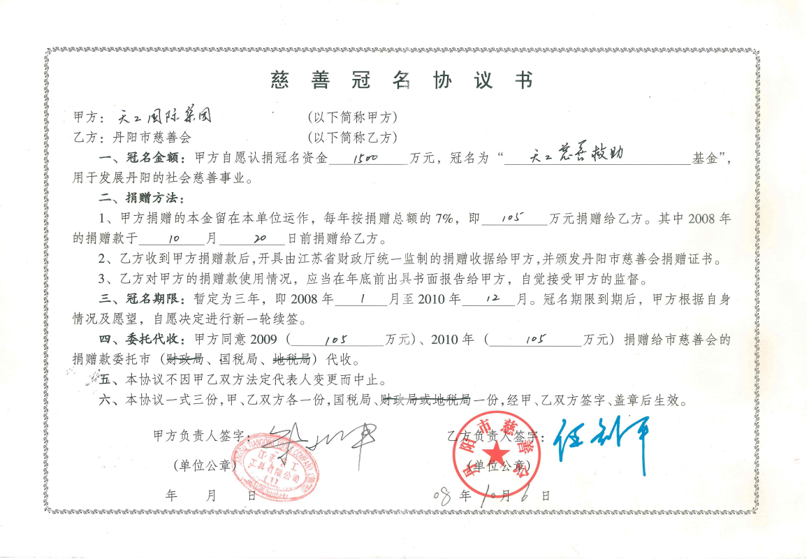 2008年市级非凡国际
慈善冠名协议